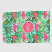 Monogram Tropisch Roze Flamingo Floral Girly Golfhanddoek (Horizontaal)