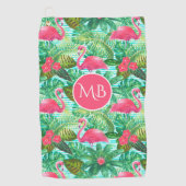 Monogram Tropisch Roze Flamingo Floral Girly Golfhanddoek (Voorkant)