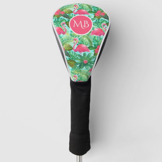 Monogram Tropisch Roze Flamingo Floral Girly Golfheadcover (Voorkant)