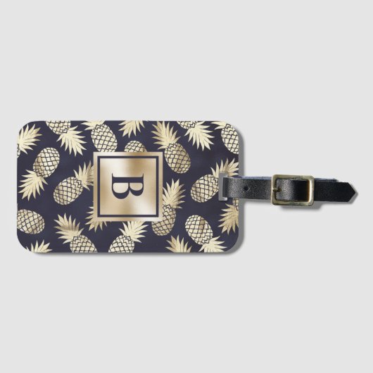 Monogram Tropische anananas Girly Gold Navy Bagagelabel (Voorkant (horizontaal))