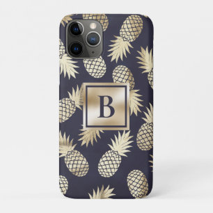 Monogram Tropische anananas Girly Gold Navy Case-Mate iPhone Case