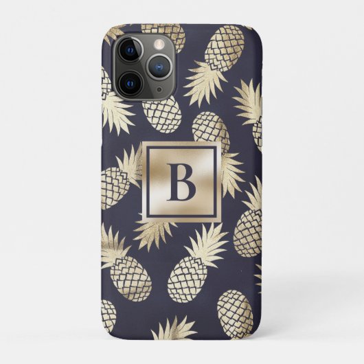 Monogram Tropische anananas Girly Gold Navy Case-Mate iPhone Case (Achterkant)