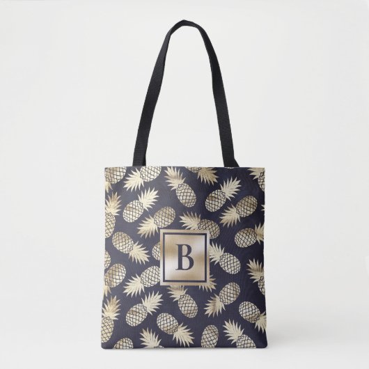 Monogram Tropische anananas Girly Gold Navy Tote Bag (Voorkant)