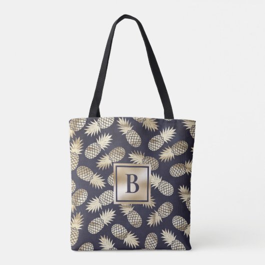 Monogram Tropische anananas Girly Gold Navy Tote Bag (Achterkant)