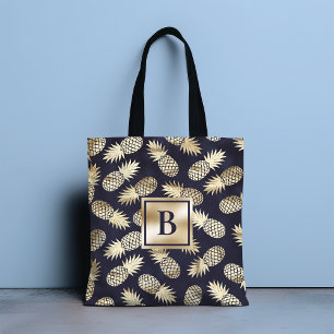 Monogram Tropische anananas Girly Gold Navy Tote Bag
