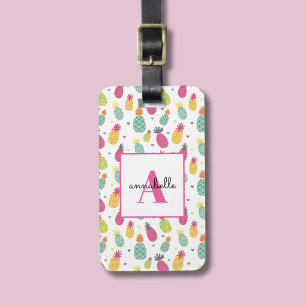 Monogram Tropische Ananas Gepersonaliseerd Patroon Bagagelabel