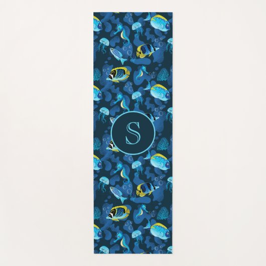 Monogram Tropische Blauwe Gele Vis Illustratie Yogamat (Voorkant)