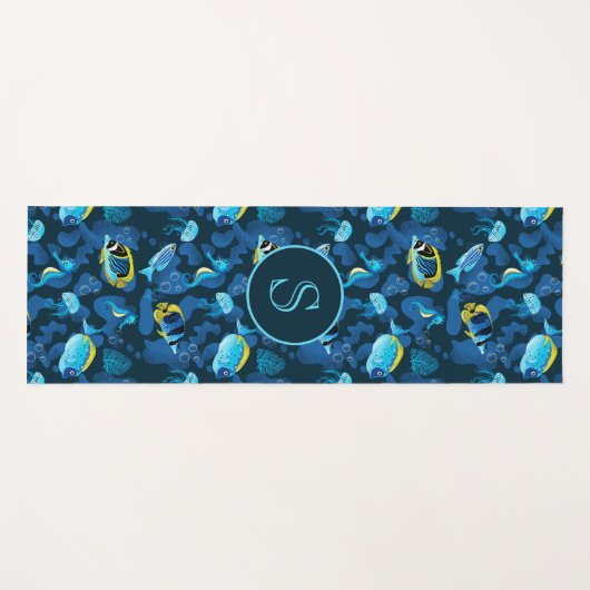 Monogram Tropische Blauwe Gele Vis Illustratie Yogamat (Voorkant (horizontaal))