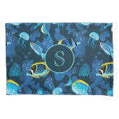 Monogram Tropische Blauwe Gele Vissen Illustratie Kussensloop (Voorkant)