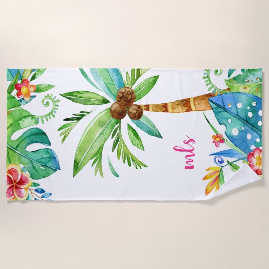 Monogram Tropische Blauwgroen roze bloemhandpalmen Strandlaken (Voorkant)
