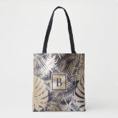 Monogram Tropische Bloemen Gouden Marine Tote Bag (Voorkant)