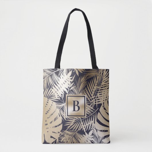 Monogram Tropische Bloemen Gouden Marine Tote Bag (Voorkant)