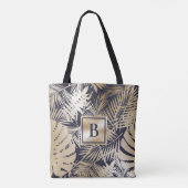 Monogram Tropische Bloemen Gouden Marine Tote Bag (Achterkant)
