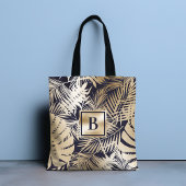 Monogram Tropische Bloemen Gouden Marine Tote Bag