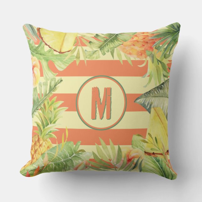 Monogram Tropische Bloemen op Stripes Buitenkussen (Voorkant)