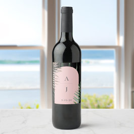 Monogram Tropische Blush Roze Boog Palm Bladeren Wijn Etiket