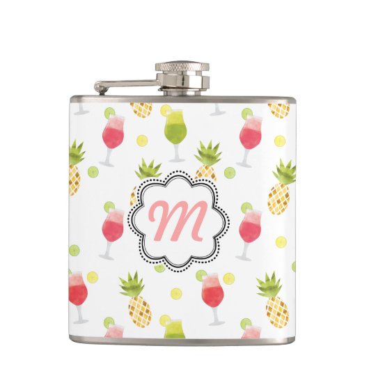 Monogram Tropische Cocktail & Fruitpatroon Heupfles (Voorkant)