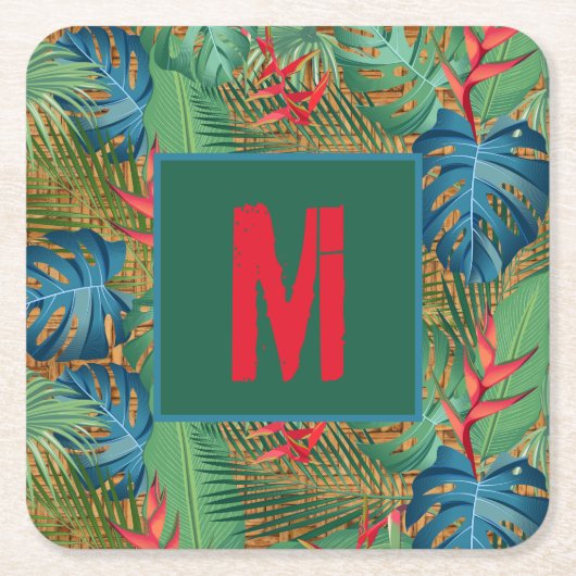 Monogram Tropische Floral op Wicker Print Kartonnen Onderzetters (Voorkant)
