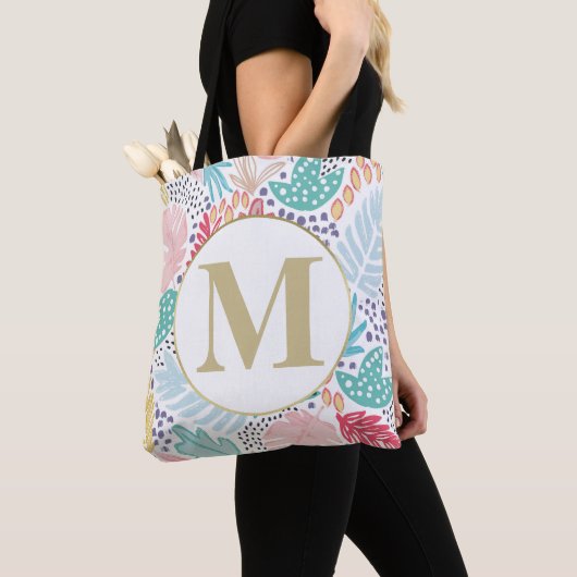 Monogram Tropische Kleurrijke Collage Canvas tas (Dichtbij)