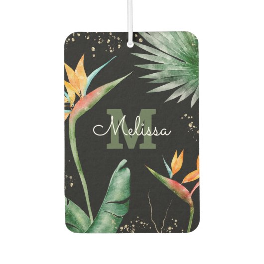 Monogram Tropische Palm Foliage Goud Zwart Script Luchtverfrisser (Voorkant)