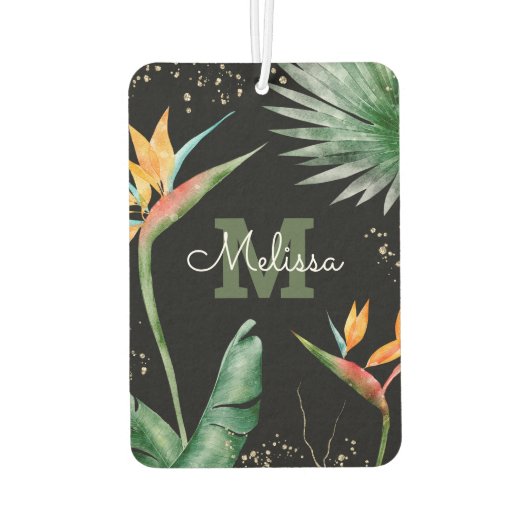 Monogram Tropische Palm Foliage Goud Zwart Script Luchtverfrisser (Achterkant)