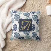 Monogram Tropische Palm Navy Blauw Goud Bruiloft Kussen (Deken)