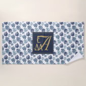Monogram Tropische Palm Navy Blauw Goud Bruiloft Strandlaken (Voorkant)