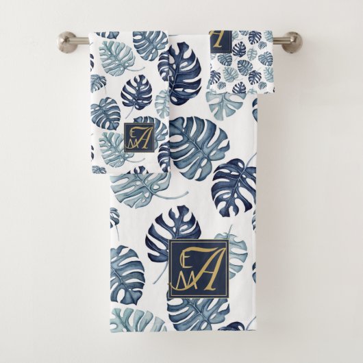 Monogram Tropische Palm Navy Blauwe Gouden Trouw Bad Handdoek (Insitu)