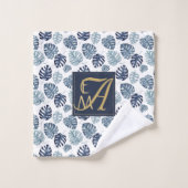 Monogram Tropische Palm Navy Blauwe Gouden Trouw Bad Handdoek (Wasdoekje)
