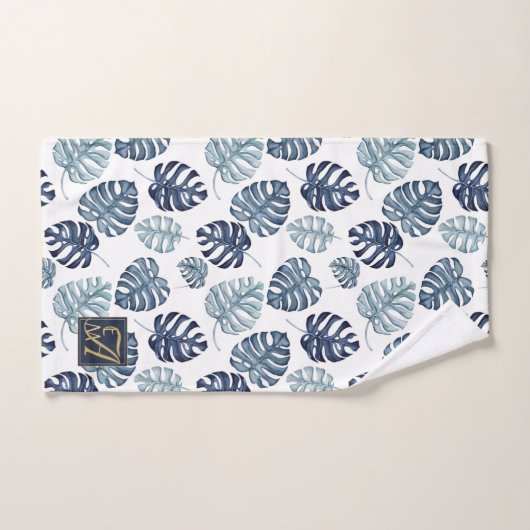 Monogram Tropische Palm Navy Blauwe Gouden Trouw Bad Handdoek (Handdoek)
