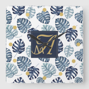 Monogram Tropische Palm Navyblauw Goud Bruiloft Vierkante Klok