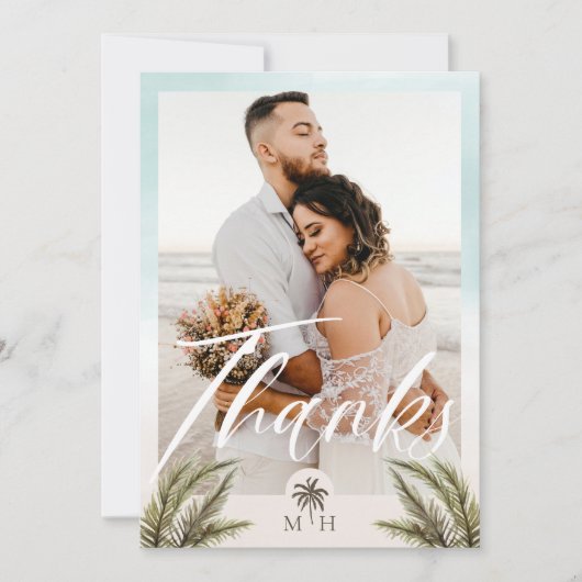 Monogram tropische palmbladeren Fotopalmen Bedankkaart (Voorkant)