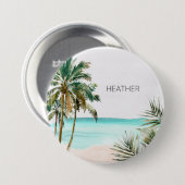 Monogram tropische palmbomenbladeren blauwe strand ronde button 7,6 cm (Voorkant /achterkant)