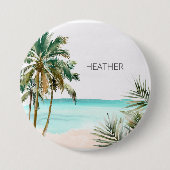 Monogram tropische palmbomenbladeren blauwe strand ronde button 7,6 cm (Voorkant)