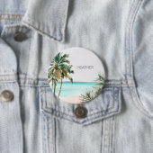 Monogram tropische palmbomenbladeren blauwe strand ronde button 7,6 cm (In situ)