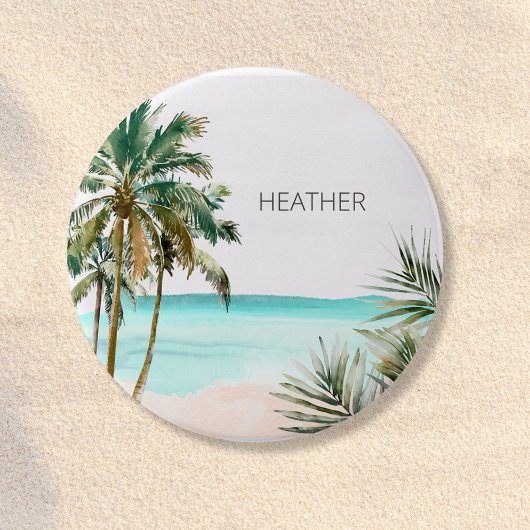 Monogram tropische palmbomenbladeren blauwe strand ronde button 7,6 cm