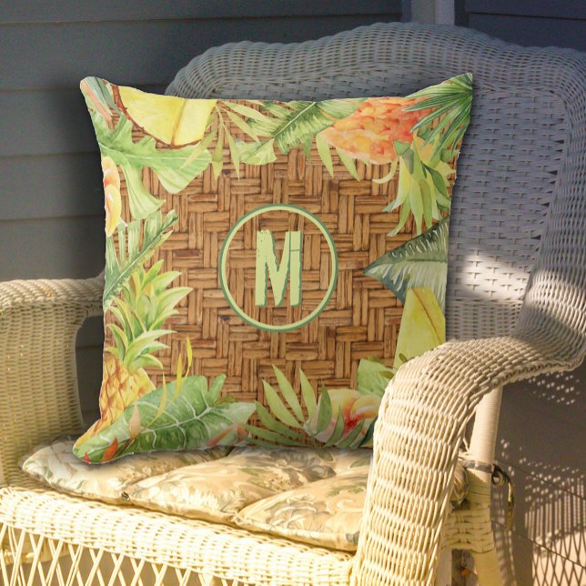 Monogram tropische Waterverf Floral Buitenkussen (Monogram Tropical Watercolor Floral Outdoor Pillow - 2 sizes)
