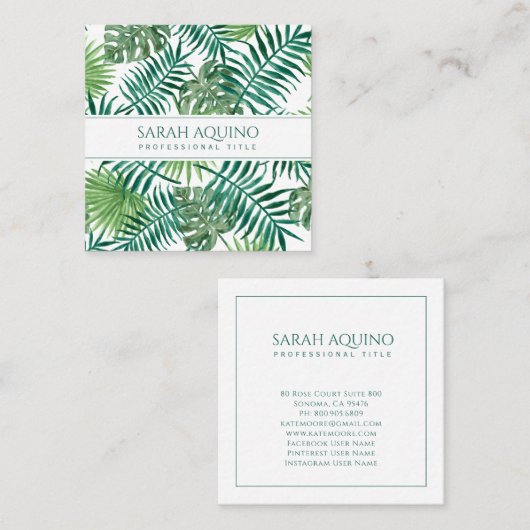 Monogram tropische Waterverf palmbladeren botanisc Vierkante Visitekaartje (Voorkant / Achterkant)