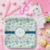 Monogram Trouw Boho Blauwe Waterverf Bloem Papieren Bordje (Feest)