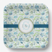 Monogram Trouw Boho Blauwe Waterverf Bloem Papieren Bordje (Voorkant)