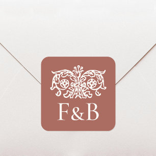 Monogram Trouw Ornamentele Bloem Terracotta Vierkante Sticker