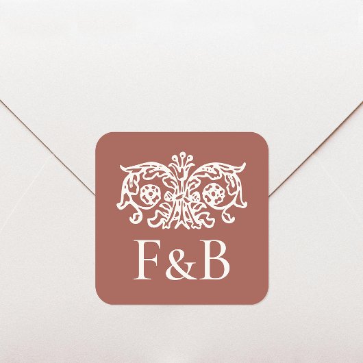 Monogram Trouw Ornamentele Bloem Terracotta Vierkante Sticker