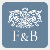 Monogram Trouw Ornate Bloem Blauw Vierkante Sticker (Voorkant)