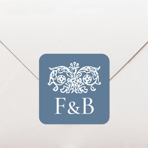 Monogram Trouw Ornate Bloem Blauw Vierkante Sticker