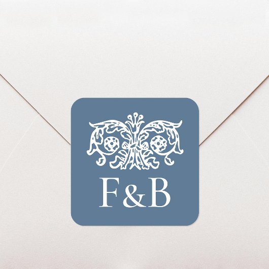 Monogram Trouw Ornate Bloem Blauw Vierkante Sticker