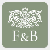 Monogram Trouw Ornate Bloem Groen Vierkante Sticker (Voorkant)