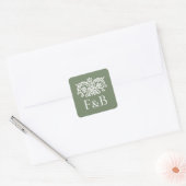 Monogram Trouw Ornate Bloem Groen Vierkante Sticker (Envelop)