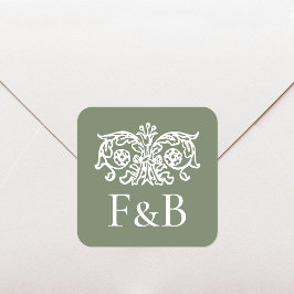 Monogram Trouw Ornate Bloem Groen Vierkante Sticker