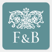 Monogram Trouw Ornate Bloem Teal Groen Vierkante Sticker (Voorkant)