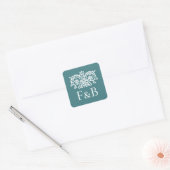 Monogram Trouw Ornate Bloem Teal Groen Vierkante Sticker (Envelop)